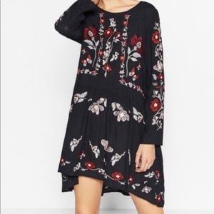 Zara Boho Blue navy dress with embroidered floral high/ Low